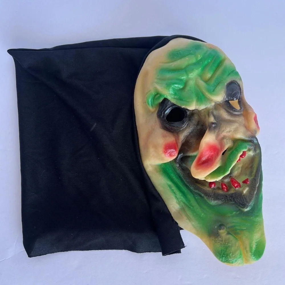 Vintage Halloween Witch Rubber Mask Green/Red Nose and Teeth with Hood